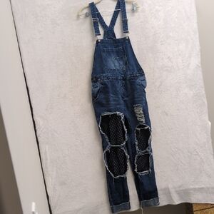 American Bazi‎ Junior's Destroyed Fishnet Punk Denim Overalls Size M